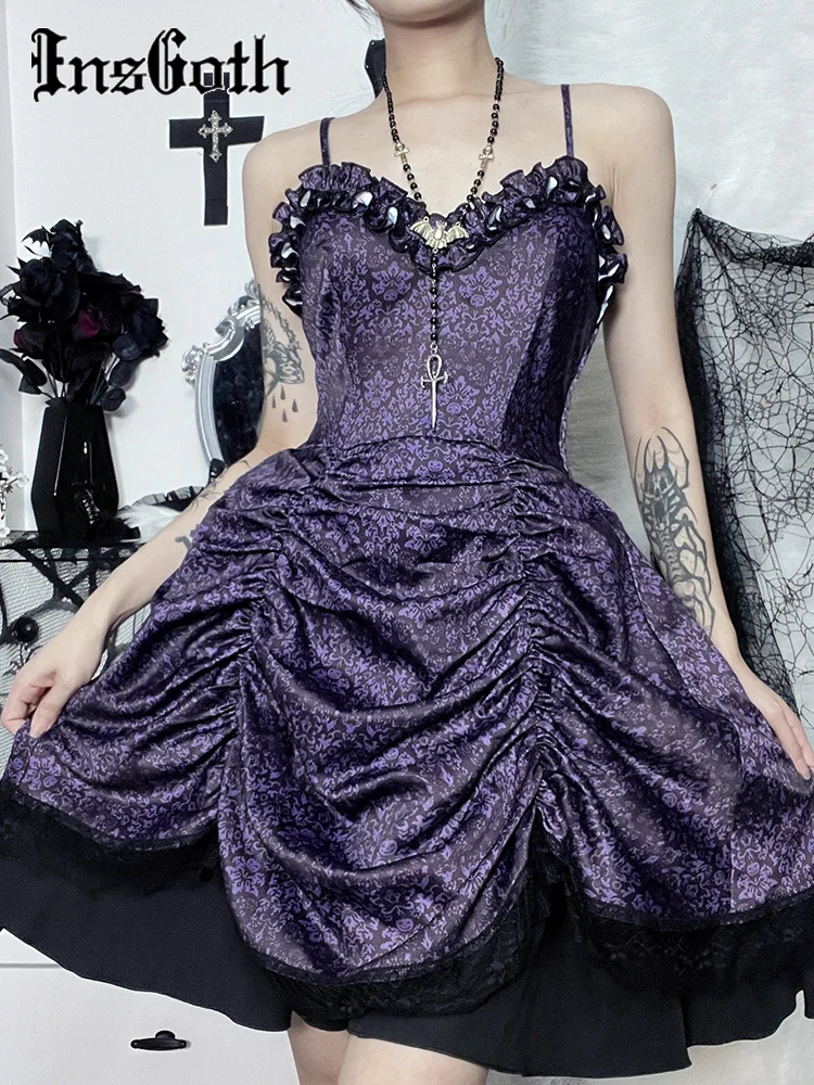 

InsGoth Purple Party Dresses V Neck Tutu Lace Shirring High Waist Princess Dress Spaghetti Strap Gothic Coquette Grunge Clubwear