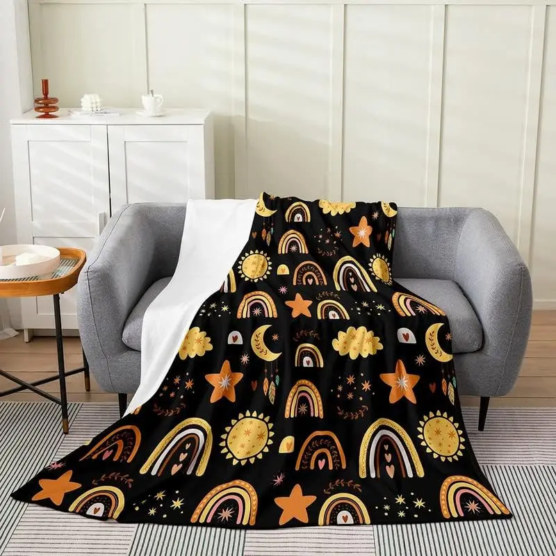 

Cute Rainbow Flannel Fleece Throw Blanket,All Season Cartoon Rainbow Sun Moon Bed Blanket Yellow Black Botanical Fuzzy