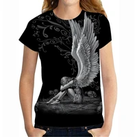 2022 new 3d angel print women t shirt gothic short sleeve o neck funny angel wings design hip hop skull top size
