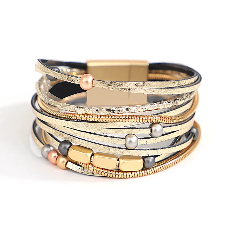 

ALLYES Vintage Multiple Layer Leather Bracelet for Women Men Charm Beads Metal Chain Wrap Bracelets 2022 Femme Fashion Jewelry