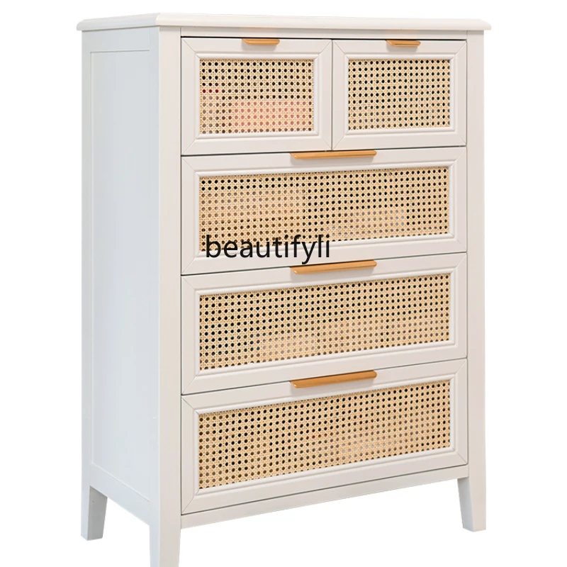 

yj Nordic Chest of Drawers Solid Wood Natural Rattan Bedroom Chest of Drawer Japanese Small Wardrobe