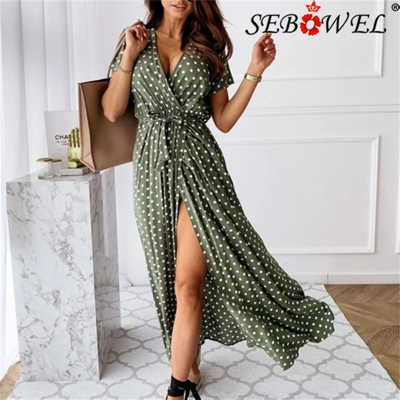

SEBOWEL Fashion Polka Dot Split Boho Dress V-Neck Women Casual Beach Vacation Long Dresses Vestido De Mujer Female Dress