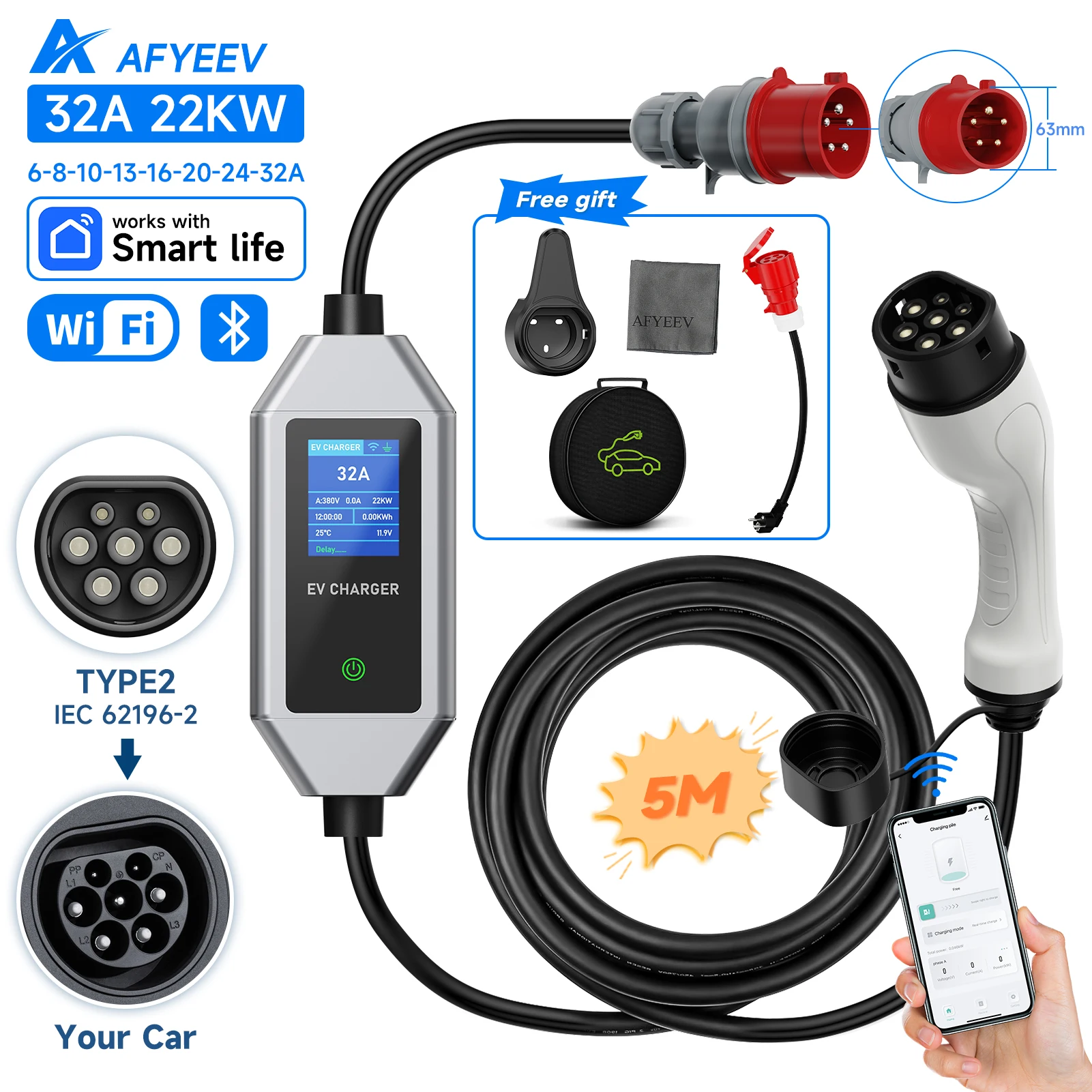 AFYEEV 22KW 32A 3-фазное портативное зарядное устройство для электромобилей Type2 Wi-Fi APP Control GB/T EVSE зарядное устройство зарядная станция для электромобиля
