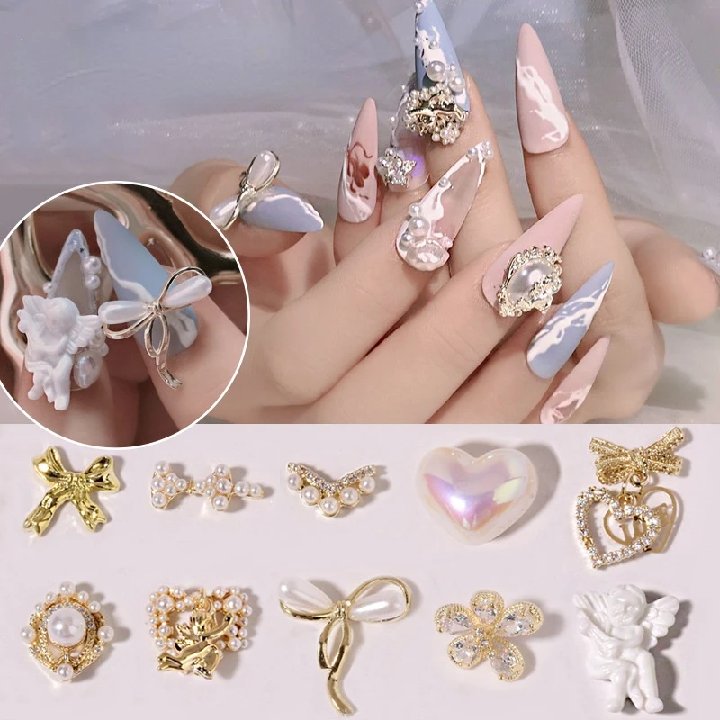 

3PCS Net Red Nail Art Zircon Diamond Jewelry Haute Couture New Bow Crystal Flower Pearl Ring Nail Decoration Diamond