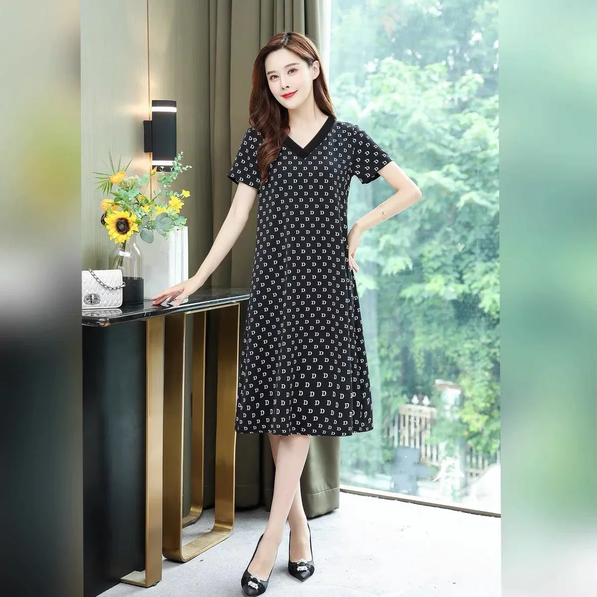 Стройнящие Платья с коротким рукавом и принтом свободные платья средней длины