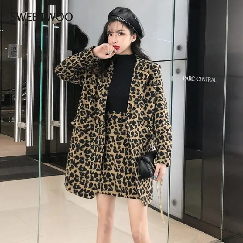 2 Pcs Leopard Print Color Faux Fur Coat Women Long Thick Warm Jackets Fluffy Star Style Overcoats Winter Street Outerwear 2020