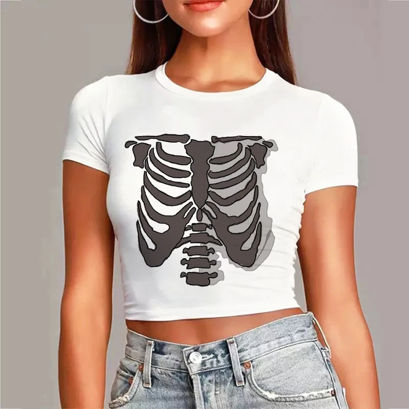 

New Skull Gothic T-shirt Female Summer Print O-neck Short-sleeved Top Y2K Tight Sexy Skeleton Skull Women's Crop-top Streetwes