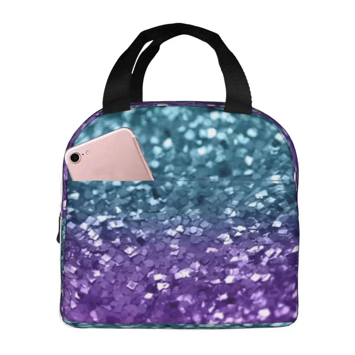 

Sparkle Shiny Lunch Bag with Handle Purple Teal Mermaid Aluminium Cooler Bag Wholesale Beautiful Zipper Car Thermal Bag