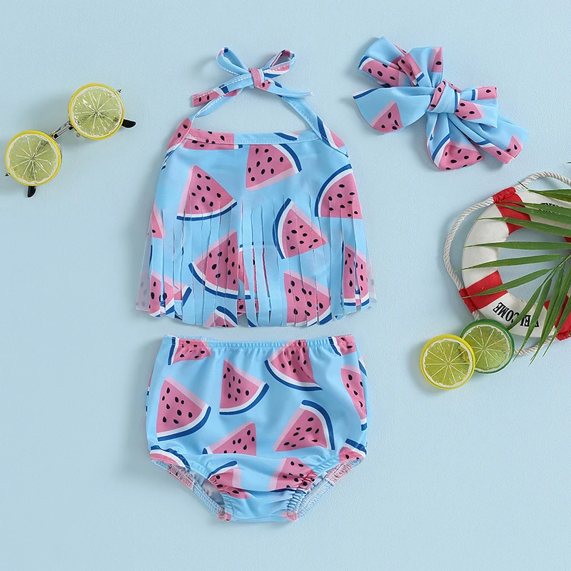 

Infant Baby Girl Bikini Tassel Watermelon Print Swimsuit 3 Pieces Bathing Suit Halter Neck Tops Bikini Bottoms Headband Swimwear
