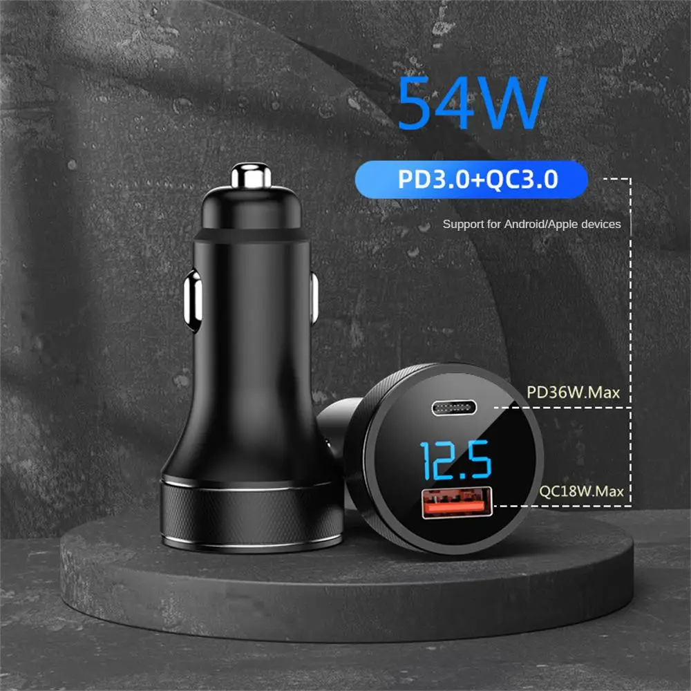

54W Car Charger Car Cigarette Lighter Dual USB Moible Phone Charger Type C Fast Charging Car Accessories For IPhone 11 12 Xiaomi