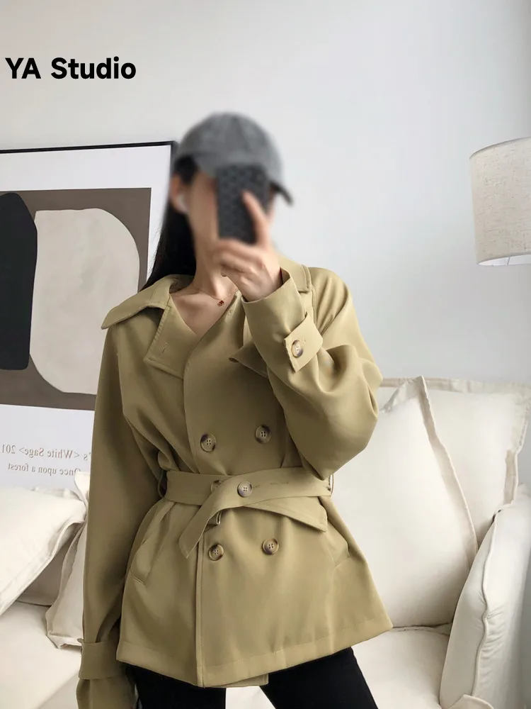 

[YA Studio] Canggumu 2023 Autumn Solid Belt Windbreaker Women's Coat Korean Loose Casual Short Cardigan Fashion 3628