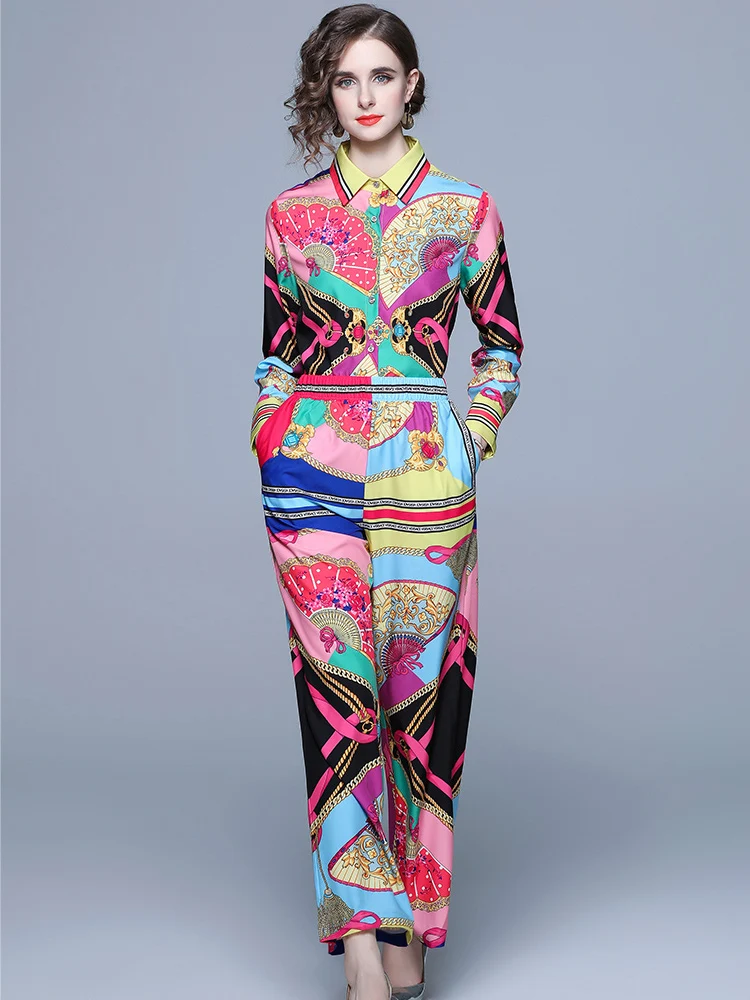 

Spring 2023 Fashion Runway Pants Set Women 2 Piece Vintage Print Long Sleeve Shirt Trousers Suits Casual Holiday Outfits