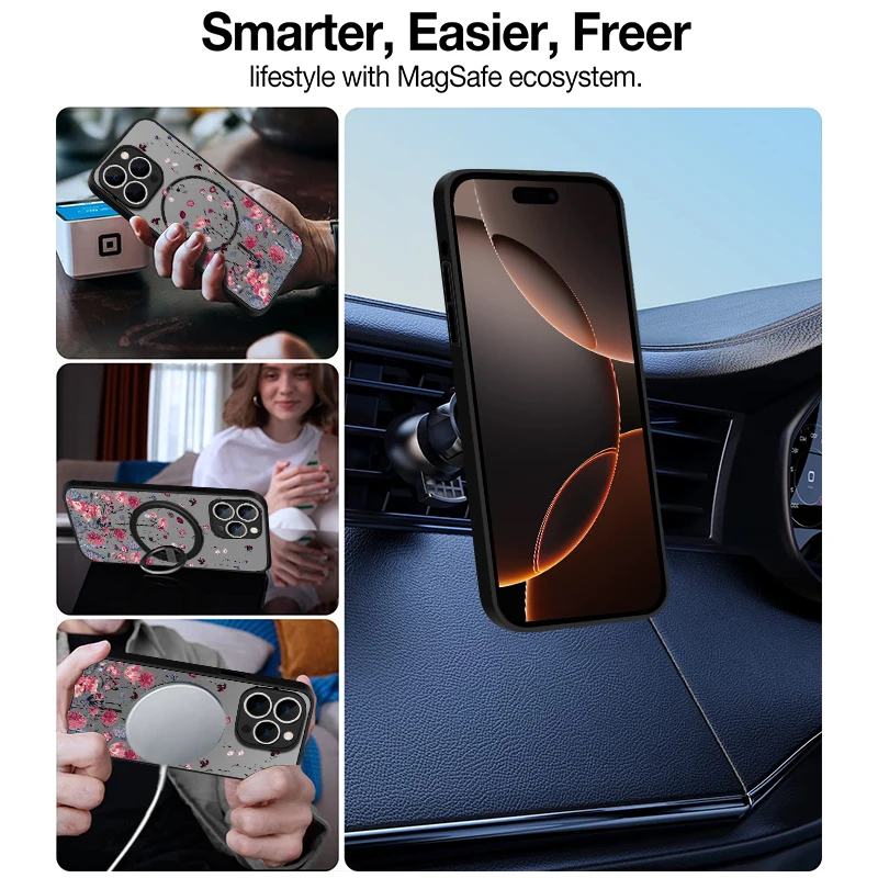 Фото Прозрачный матовый чехол для iPhone 17, 17e, 16e, 16, 15 Pro, 14, 13 Pro Max с поддержкой MagSafe, с принтом разноцветных маленьких цветов, задняя крышка №4