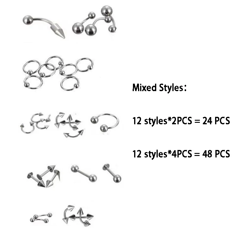 

24/48PCS Mix Body Stainless Steel Piercing Eyebrow Nose Ear Navel Lip Tongue Ring Studs Button Barbell Bead Tunnel DQD-1 Jewelry