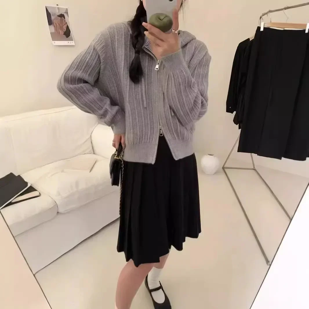 2024 последняя мода вязаный кардиган с капюшоном и двойной молнией для женщин