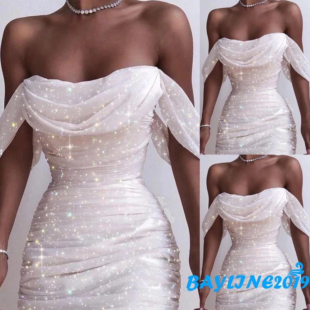 

Bayline-женское пикантное платье с открытыми плечами, блестящие колготки, плиссированные повседневные платья