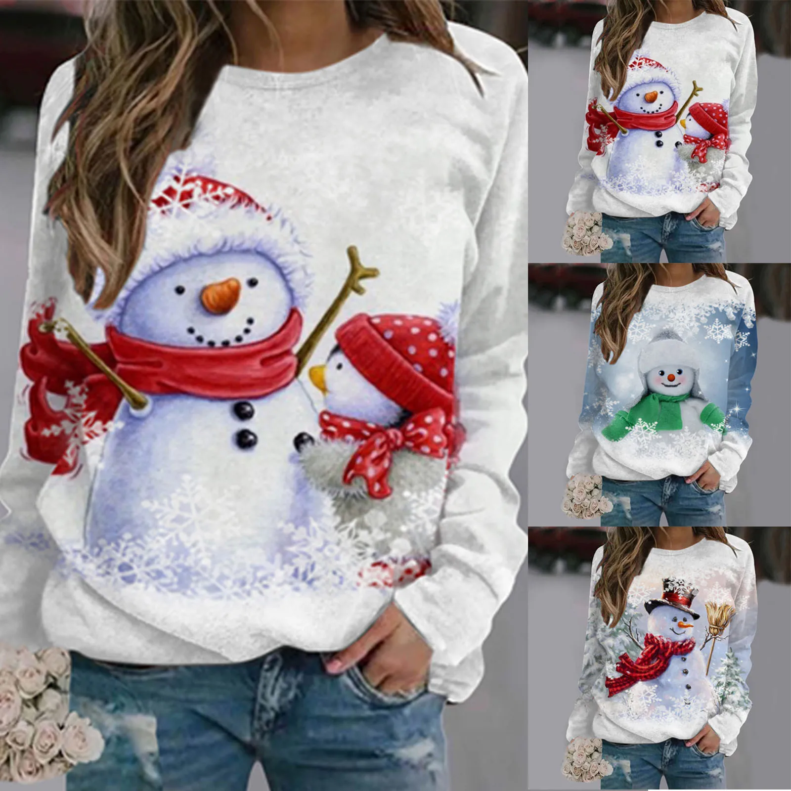 

Ladies Casual Snow Crew Neck Printed Crew Neck Long Sleeve Herringbone Shirt Women Soft Pullover Womens Cropped Quarter Zip