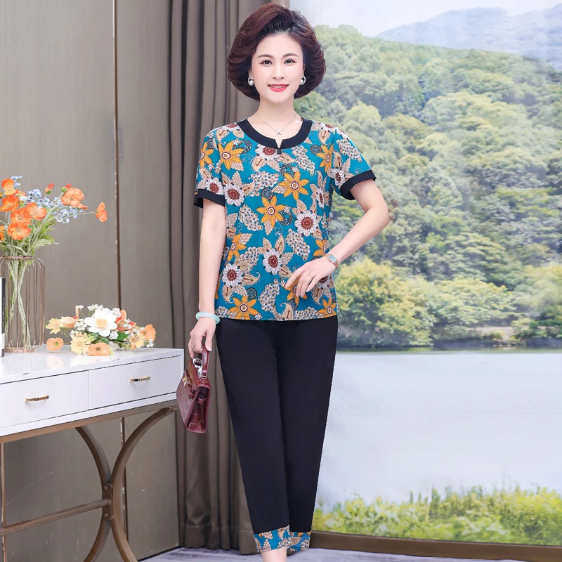 

Summer 2 Piece Outfit Set Women Clothes Elegant 2023 Vintage Middle Age Women's Suit Summer High Waist Pant Sets Korean Style