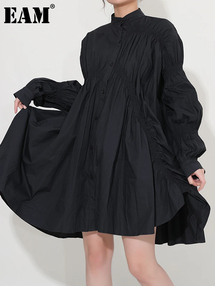 

[EAM] Women Black Ruffles Big Size Blouse New Stand Collar Long Sleeve Loose Fit Shirt Fashion Tide Spring Autumn 2022 JO47801