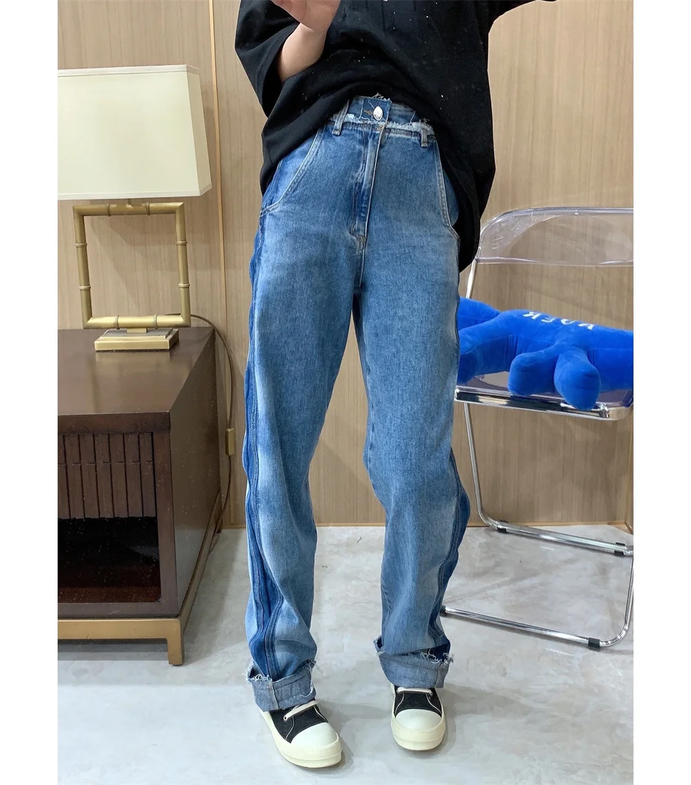 High-quality ADER Contrast Color Stitching Washed Distressed High Waist Straight Jeans Men And Women Couples Unisex Trousers