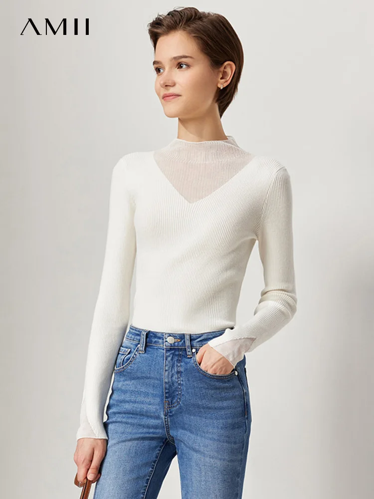 

AMII Minima Sweaters 2023 Spring Women Turtleneck Splicy V-Neck Slim Long Sleeve Casual Knitted Tops Female Clothes 12244002