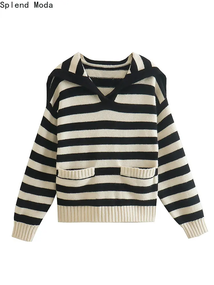 

TRAF 2023 Women Spring Fashion Casual Style Striped Jacquard Knitted Pullover Sweater Female Chic Sailor Collar Jumpers Knitwear