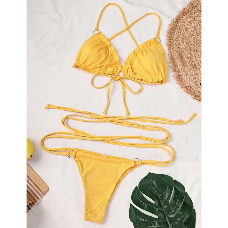 

Сексуальные бразильские стринги, бикини, Женский бандажный однотонный купальник, комплект микро-бикини, летняя пляжная одежда, купальный к...