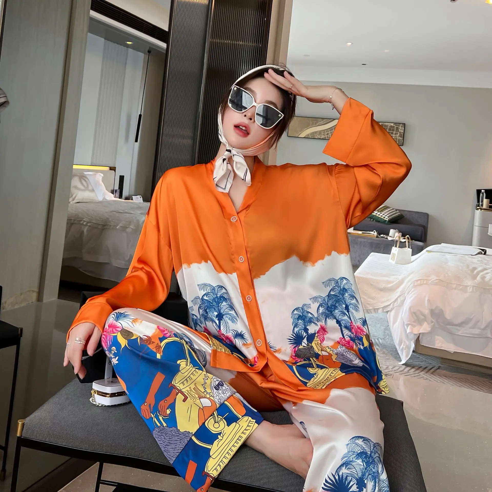 NEW Women's Pajamas Set Luxury Orange Coconut Print Sleepwear Silk Like Homewear V Neck Nightwear Leisure Loungewear