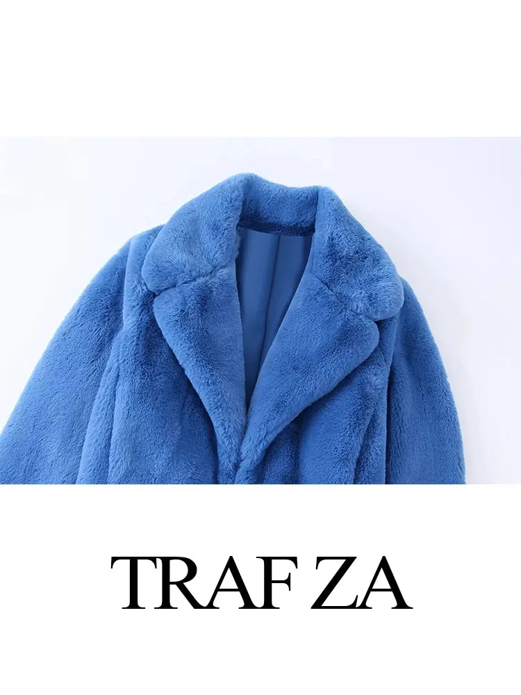 TRAF ZA Women's Loose Casual Faux Fur Warm Coats Elegant Solid Long Sleeve Suit Collar Jackets Winter Female Fashion Clothing