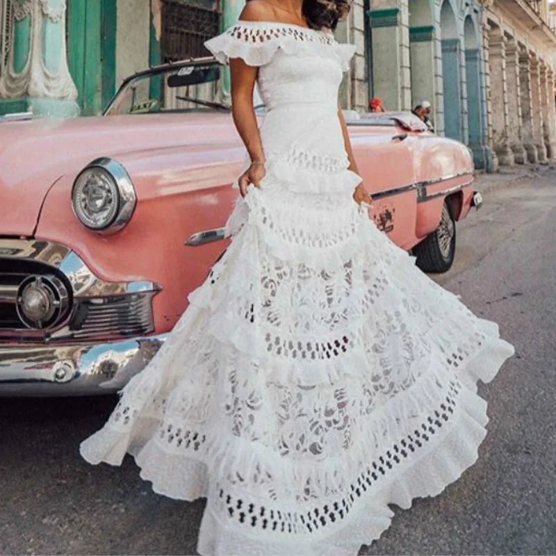

White Lace Dress Off Shoulder Lotus Leaf Hollow Summer Retro Party Big Loose Swing Dresses Vintage Elegant Women's Long Dress