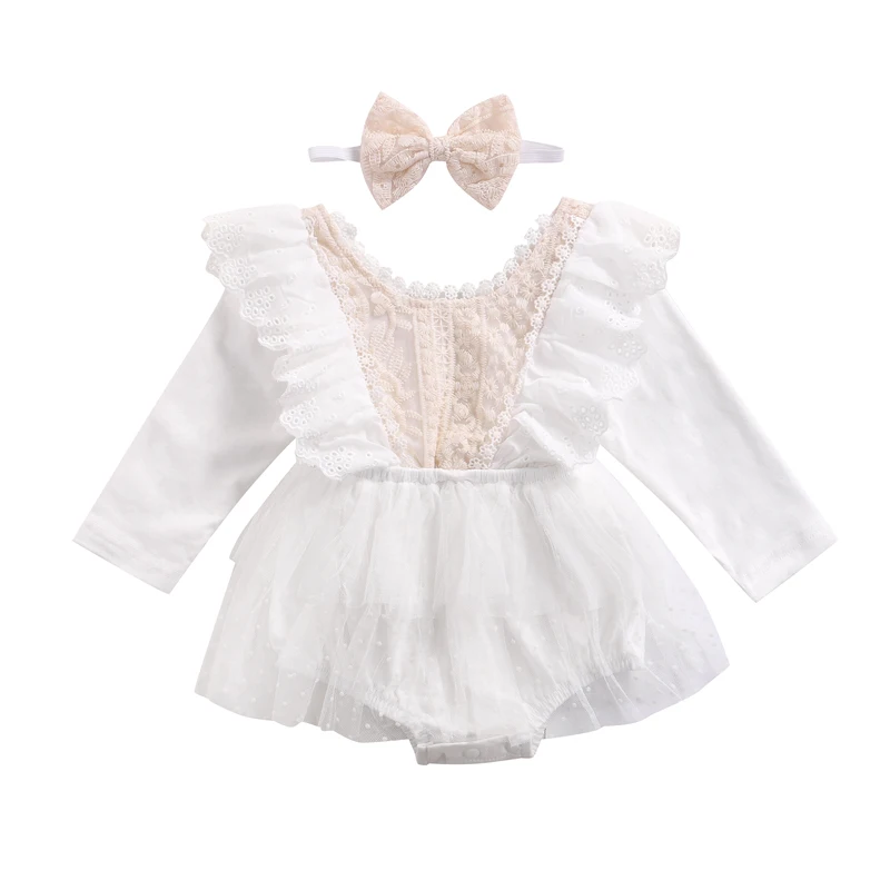 

Pudcoco 2Pcs 0-18 Months Cute Newborn Baby Girl Long Sleeve Lace Romper Jumpsuit Tutu with Headband Outfits Clothes