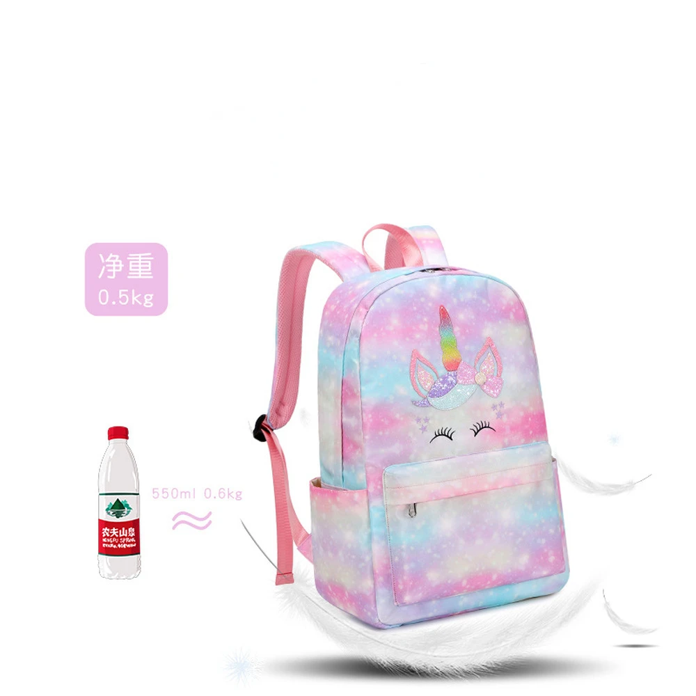 3 Pcs Rainbow Unicorn Schoolbag for Primary and Secondary School Students Large-capacity Backpack, Rice Bag, Pencil Case Set