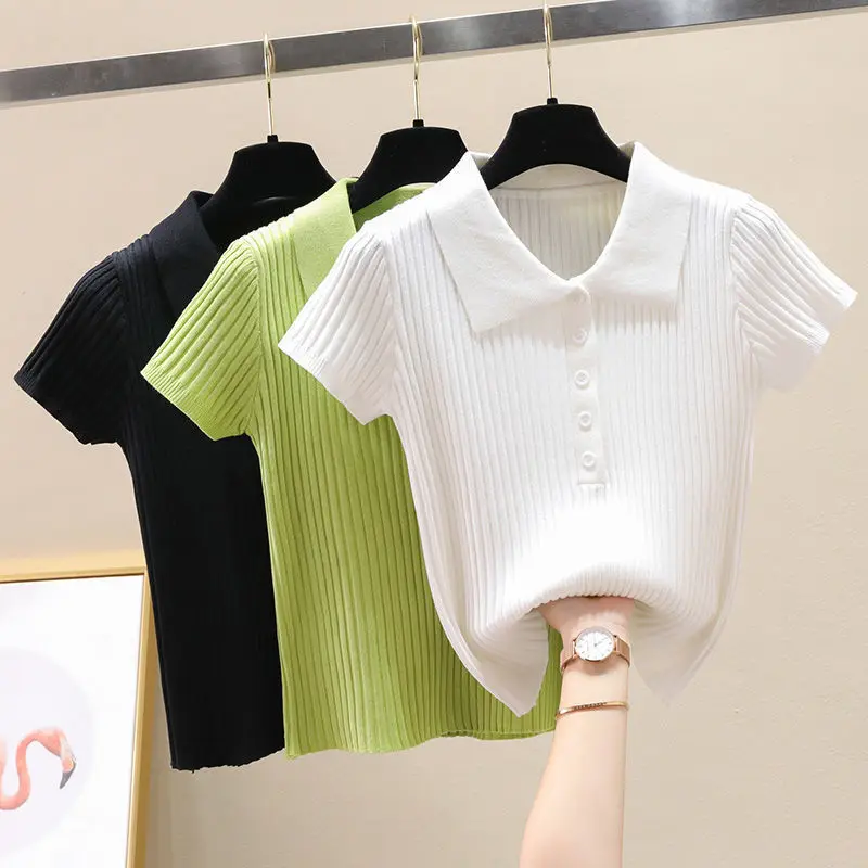 T-shirt women's 2022  spring  summer slim short-sleeved  shirt  lady tight elastic top pullover t-shirt  vintage  Casual