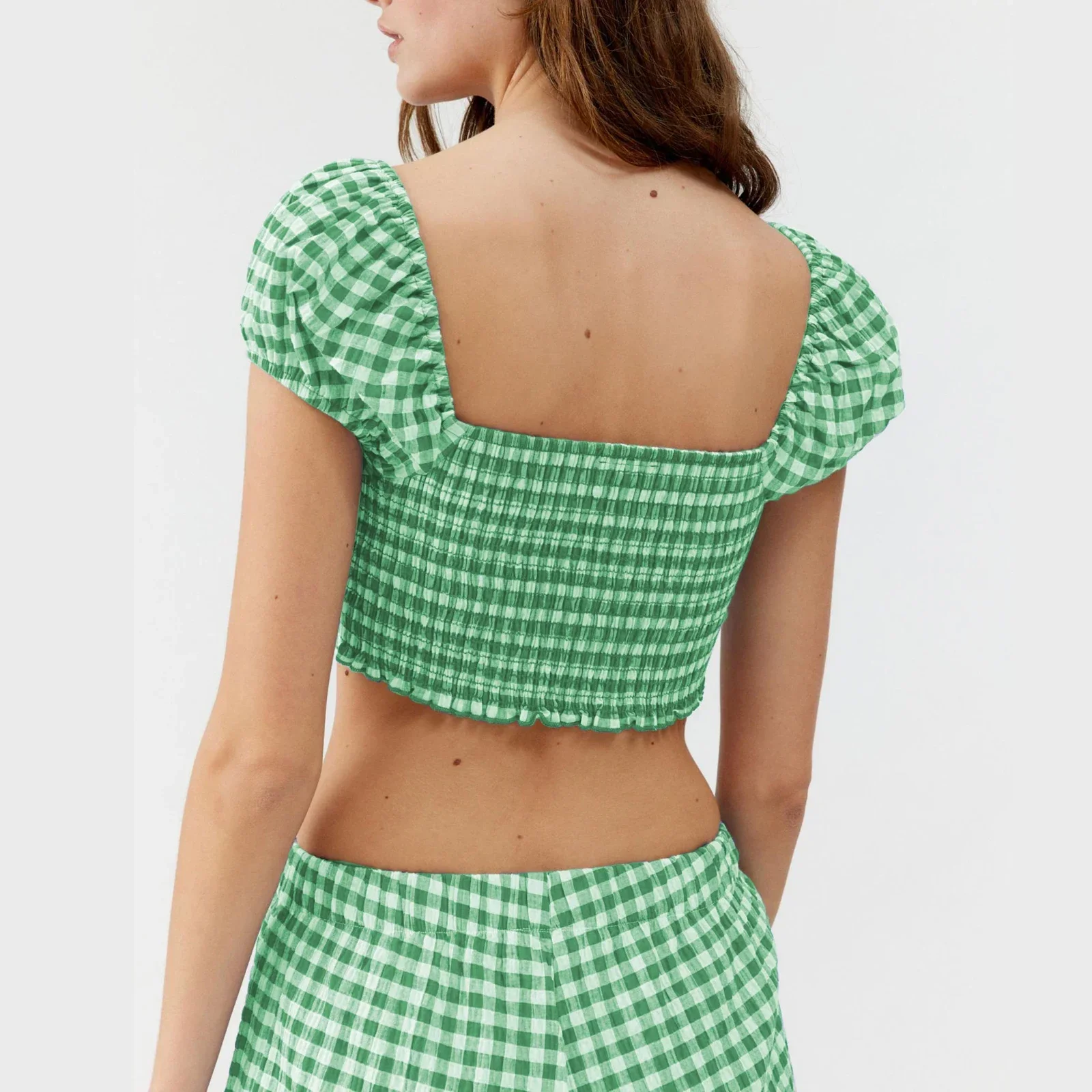 Летняя женская мода комплект из 2 предметов клетчатый укороченный топ с вырезом в