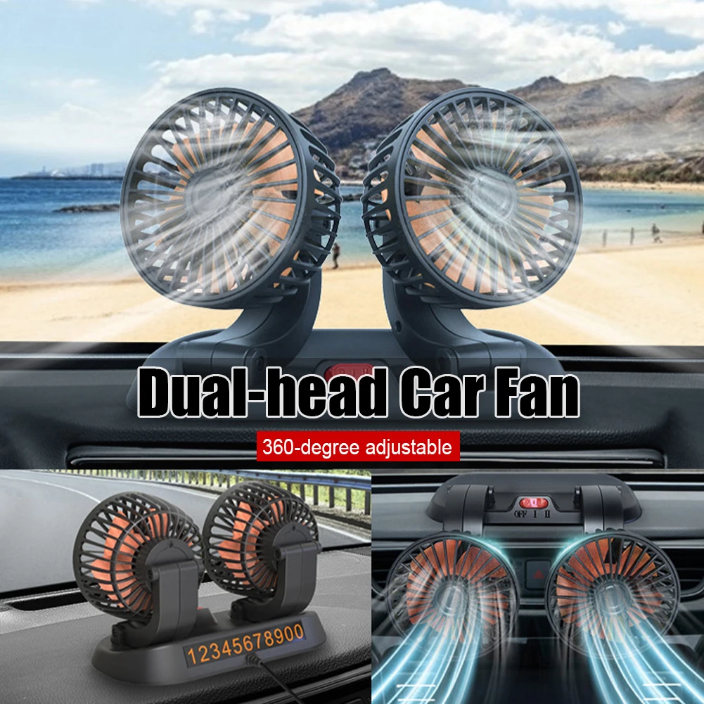 

5/12/24V Portable Dual Head Car Fan 360 Degree Rotation Car Auto Air Cooling Fan USB Air Circulation Fans for Dashboard RV Truck