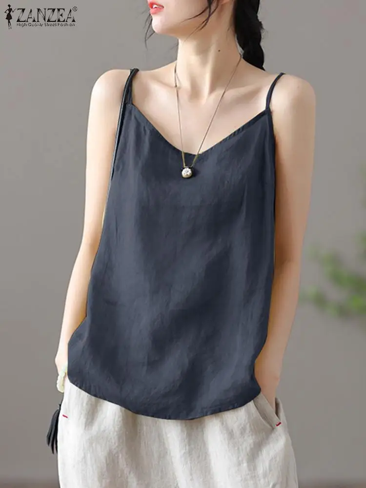 

2023 ZANZEA Summer Fashion Tank Tops Femme Holiday Beach Blusas Woman Sleeveless O-Neck Blouse Elegant Pure Cotton Chemise Mujer
