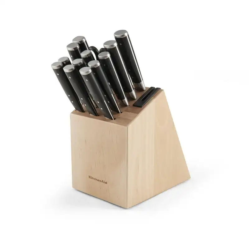 

14-Piece Forged Triple- Knife Block Set with -In Sharpener, Natural Pepper mill Garlic crusher Herb grinder metal Salt and peppe