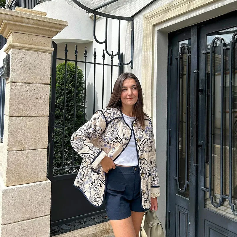 

Зимняя однобортная короткая хлопковая куртка с цветочным принтом, круглым вырезом и длинными рукавами, пальто, новинка 2023, Повседневная теплая верхняя одежда, топы