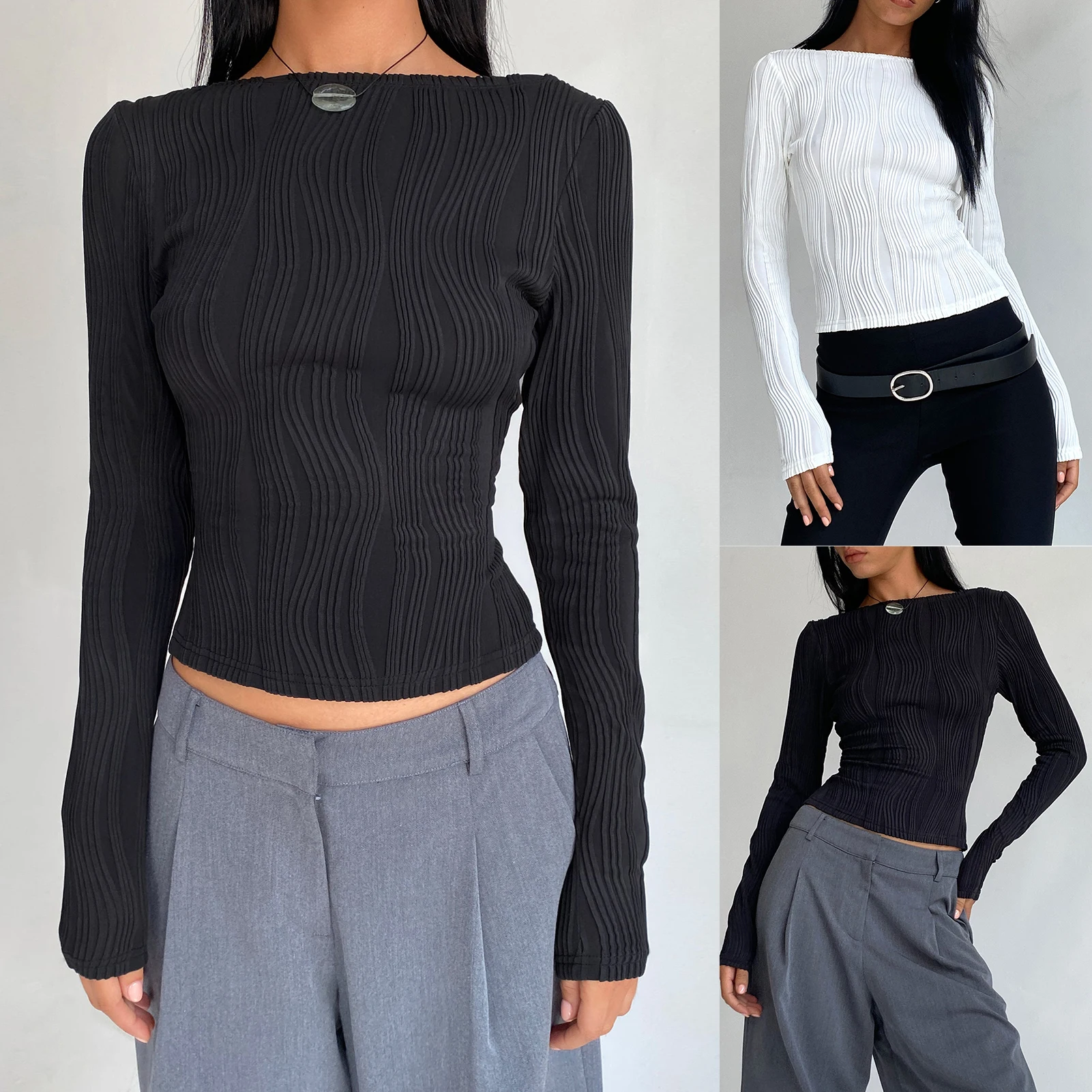 

Women Summer Casual Top Crew Neck Ladies Basic Shirt Top Solid Color Slim Fit Sexy Style Wrinkled Textured Daily Suit