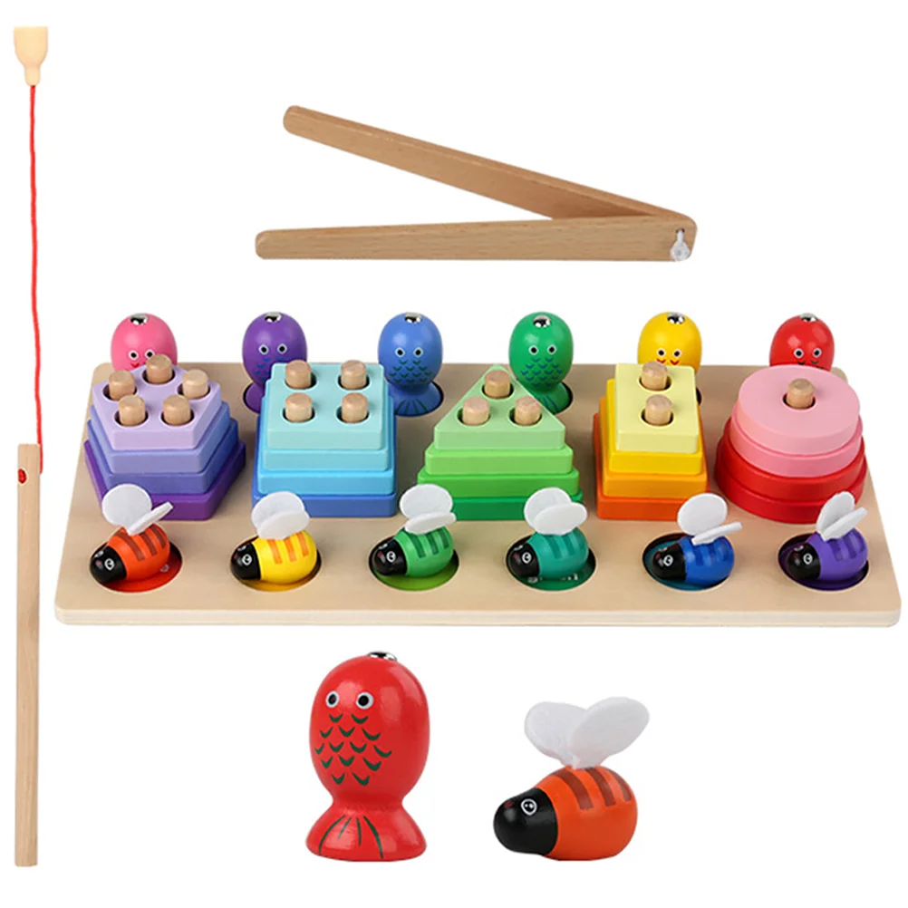 

1 Set Wooden Fishing Toy 3-in-1 Cartoon Matching Block Angling Toy for Kids