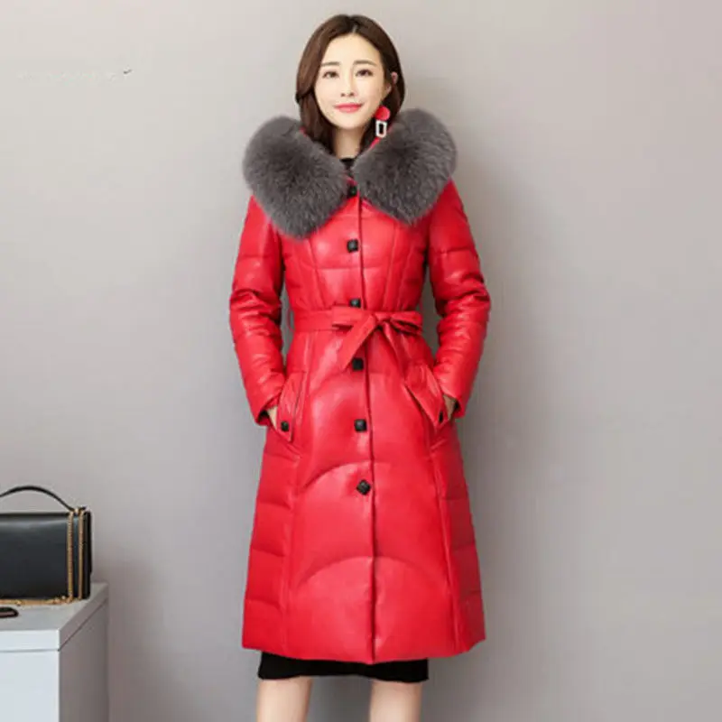 Winter Women Long Slim Cotton Coats New Single Breasted Fox Fur Collar Hooded Belt Mid Length PU Leather Jacket Female Clothing
