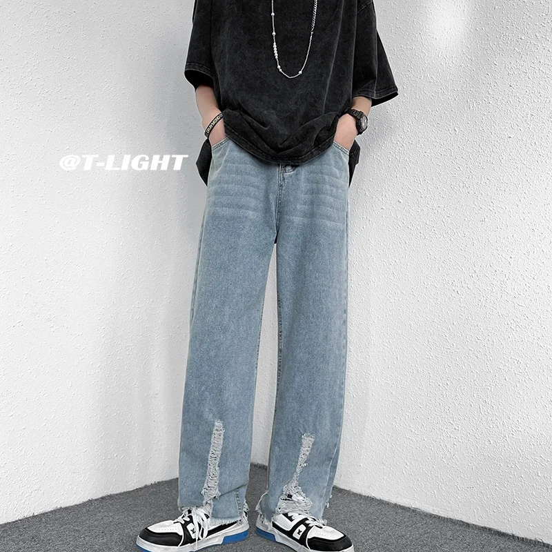 

Summer Blue Ripped Baggy Jeans Men's Fashion Casual Straight Jeans Men Streetwear Hip Hop Loose Hole Denim Pants Mens Trousers