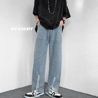 summer blue ripped baggy jeans mens fashion casual straight jeans men streetwear hip hop loose hole denim pants mens trousers