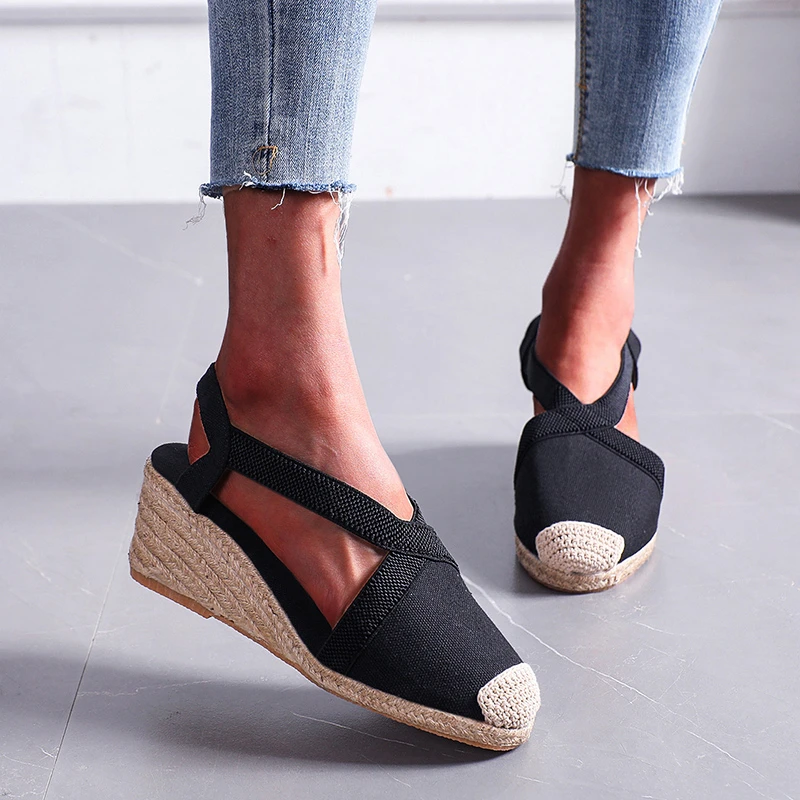 

Summer Woman Wedge Sandals Vintage Baotou Elastic Band Flax Platform Cotton Shoes Ankle Strap High Heel Fisherman's Sandal