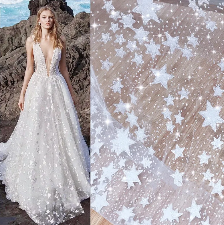 

Bronzing and Silver Spray Shiny Star Lace Fabric Mesh Dress Wedding Dress Fabric Bubble RS3780