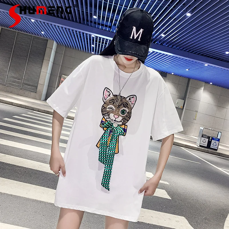 

Fashion High Street Cartoon Embroidered Short-Sleeved T-shirt Women's 2022 Summer European Style Casual Simple White Top Tees
