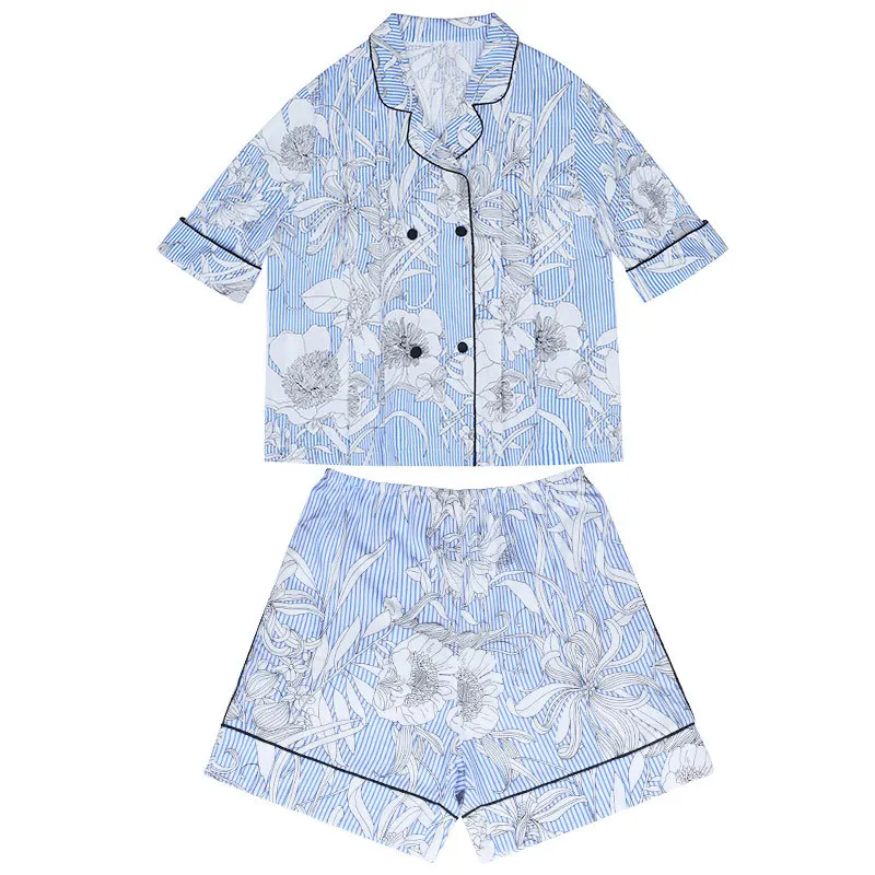 Hot Romantic Designer Women Clothing Flower Print Luxury Silk Home Wear Loungewear Set Women Outfits for Summer Pajamas Pyjamas