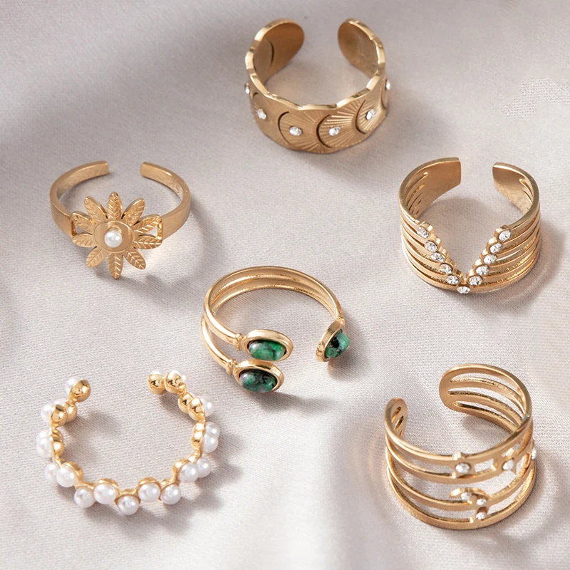 

Gold Color Trend Stainless Steel Ring for Women Natural Stone Opening Personalized Ring Jewelry Wholesale Trend Accessories