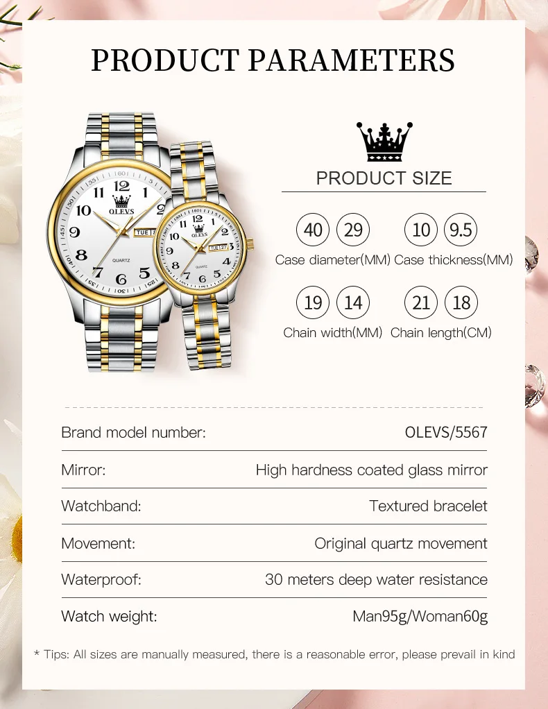 OLEVS 5567 Luxury Stainless Steel Lover Watches Fashion Gold Quartz Watch for Men and Woman Couple Watch Lover's Wristwatch Set