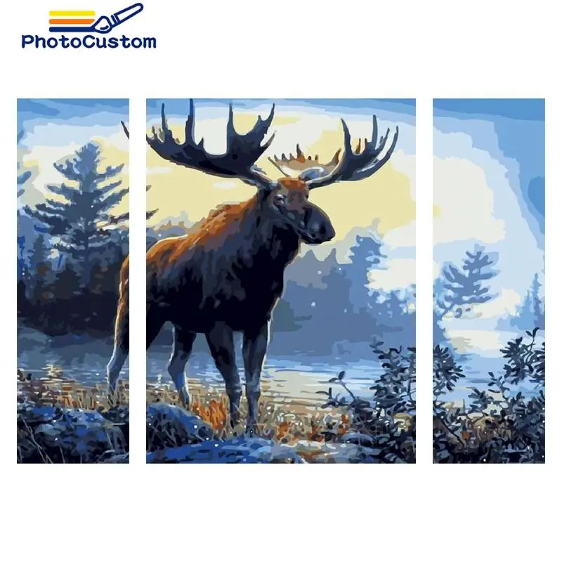 

PhotoCustom 3pcs Coloring By Number Deer Animals Drawing On Canvas DIY Pictures By Number Hand Painted Home Decoration Gift